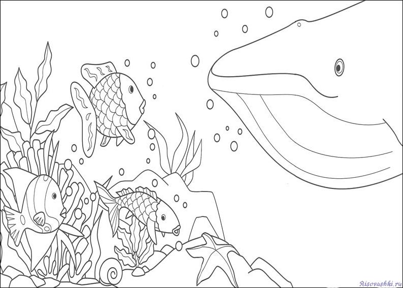 Разукрашка, раскраска, подводный мир, рыбы, водоросли