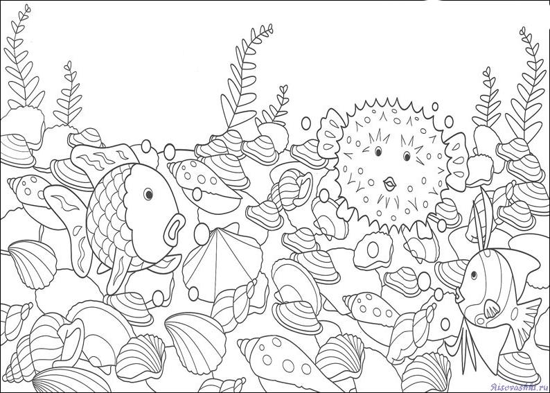 Разукрашка, раскраска, подводный мир, рыбы, водоросли